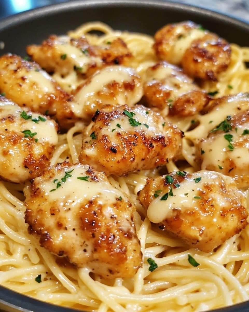 Garlic Butter Chicken Bites with Creamy Parmesan Pasta 