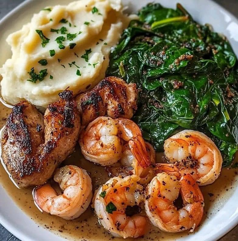 Stick and Shrimp Surf & Turf with Mashed Potatoes and Sautéed Spinach: