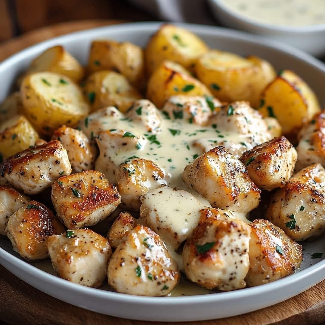 Garlic Butter Chicken Bites with Parmesan Cream Sauce and Cheesy Roasted Potatoes