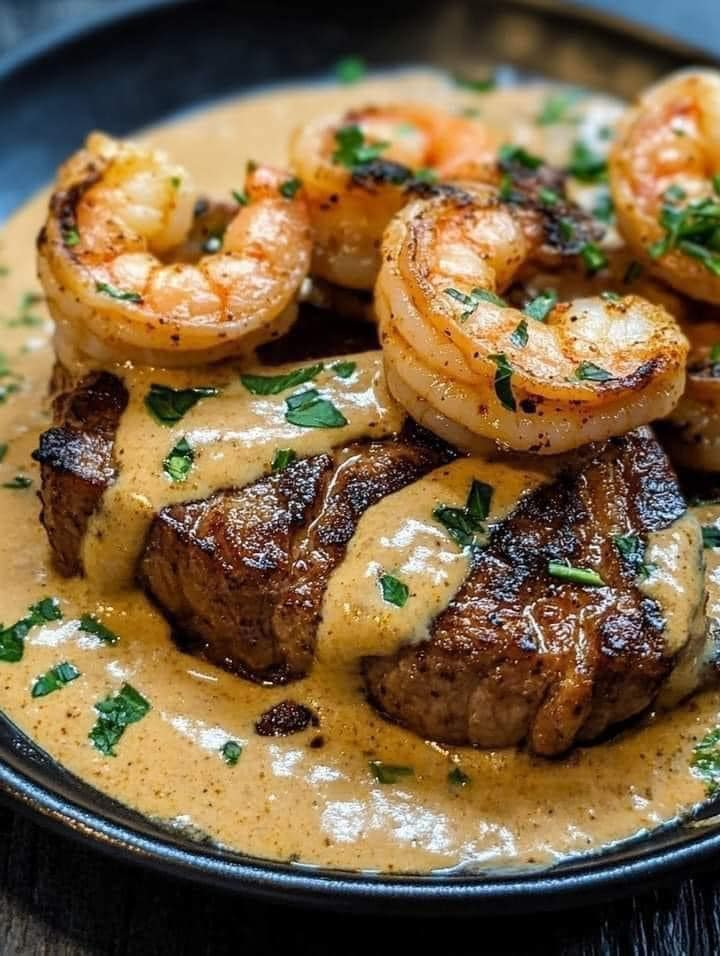 Decadent Steak in Creamy Cajun Shrimp Sauce 